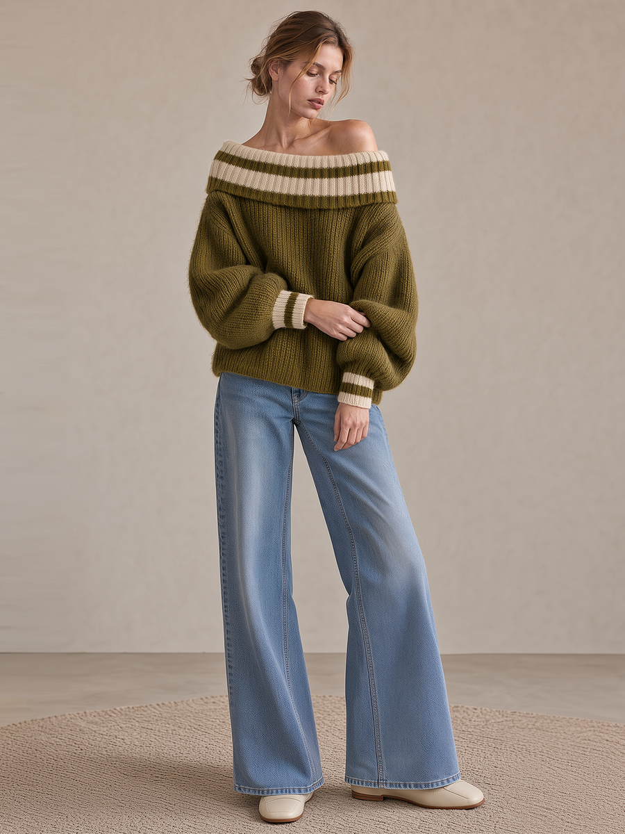 Olive Green Color-block Off-shoulder Sweater With Loose Lantern Sleeves
