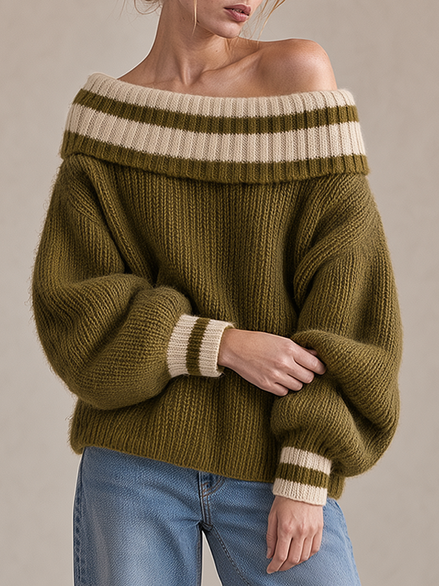 Olive Green Color-block Off-shoulder Sweater With Loose Lantern Sleeves