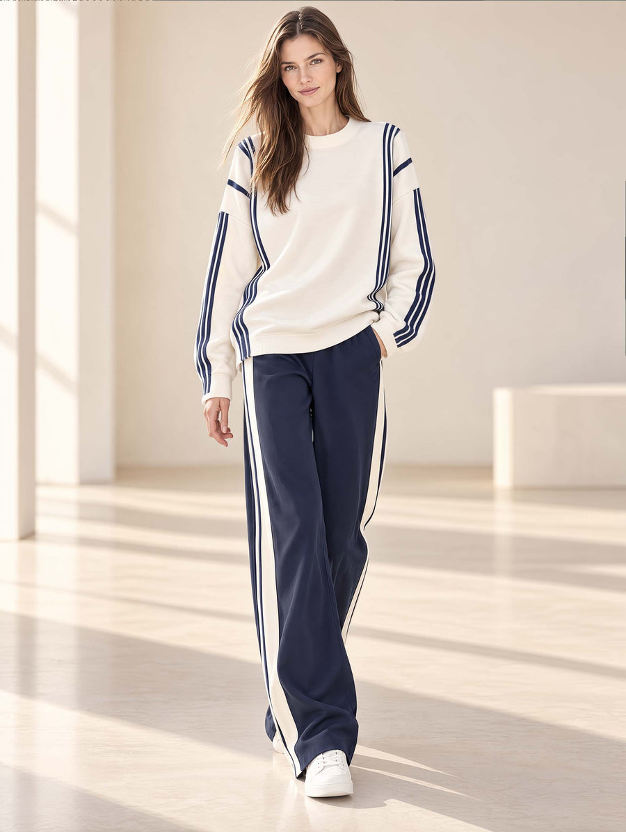 Off-white And Navy Blue Color-block Long-sleeved Top And Trousers Set