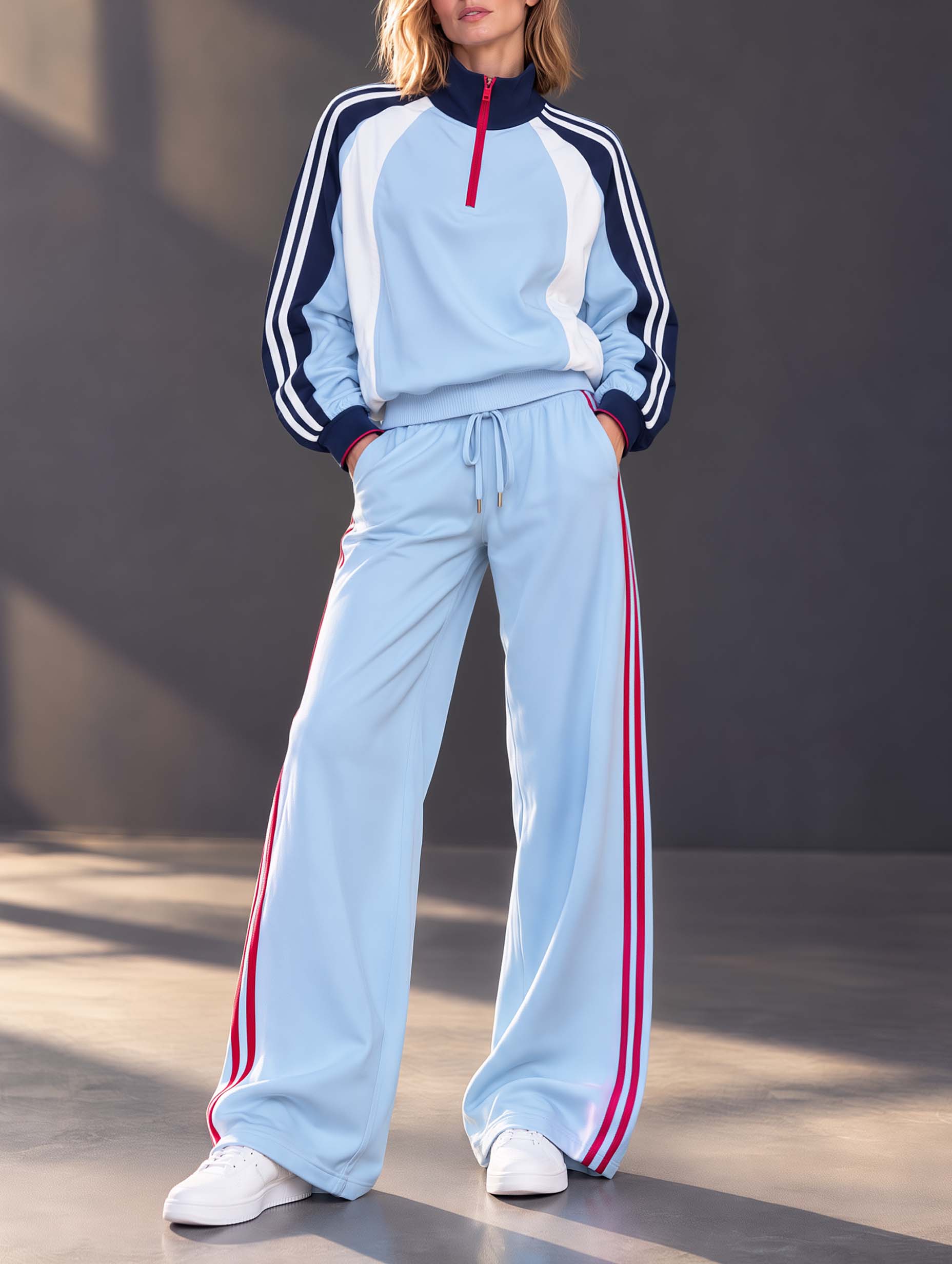 Athleisure-style Blue Color-block Long-sleeve Half-zip Top And Pants Set