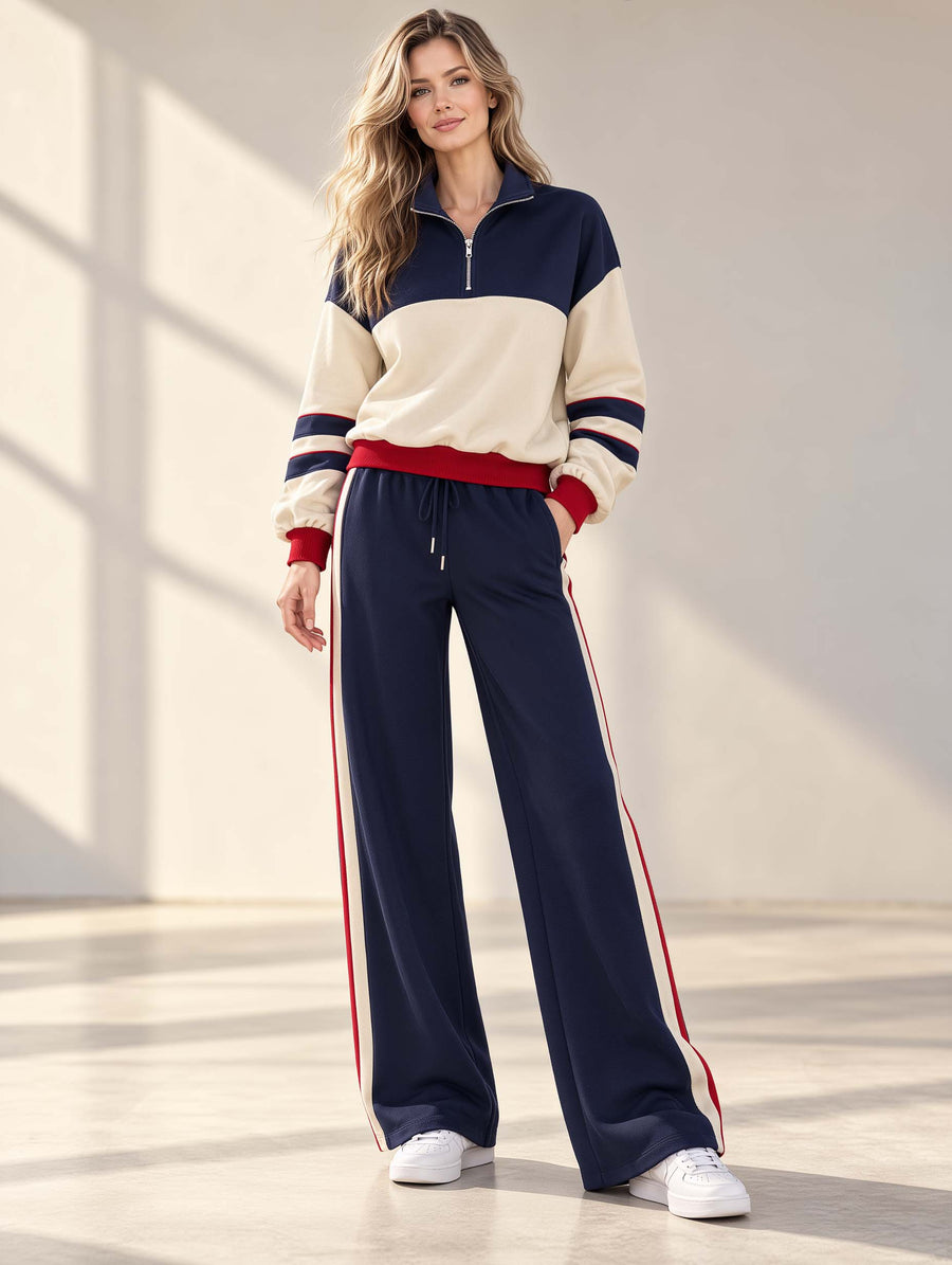 Beige And Navy Color-block Half-zip Top And Trousers Set In A Casual Sporty Style