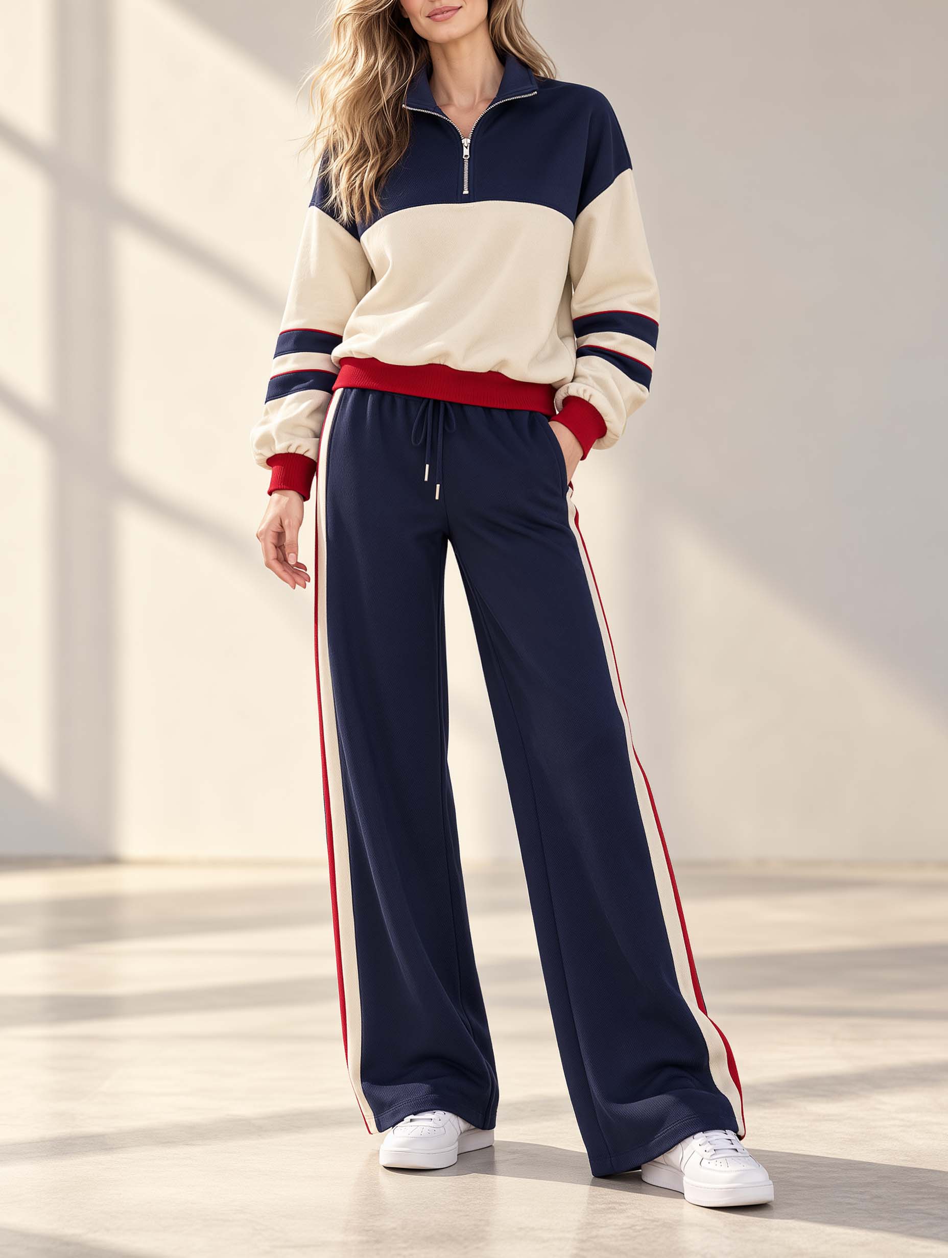 Beige And Navy Color-block Half-zip Top And Trousers Set In A Casual Sporty Style