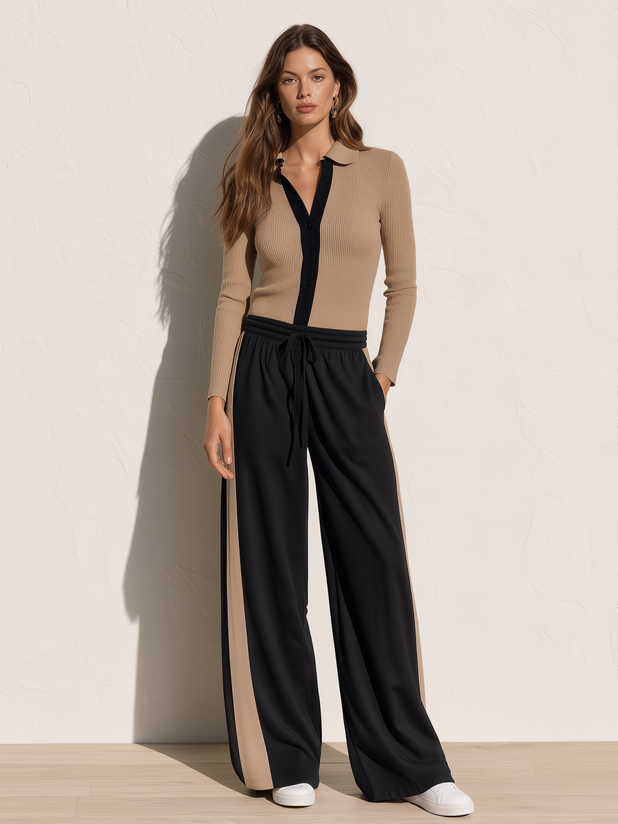 Khaki And Black Color-block Ribbed Knit Top And Wide-leg Trousers Set