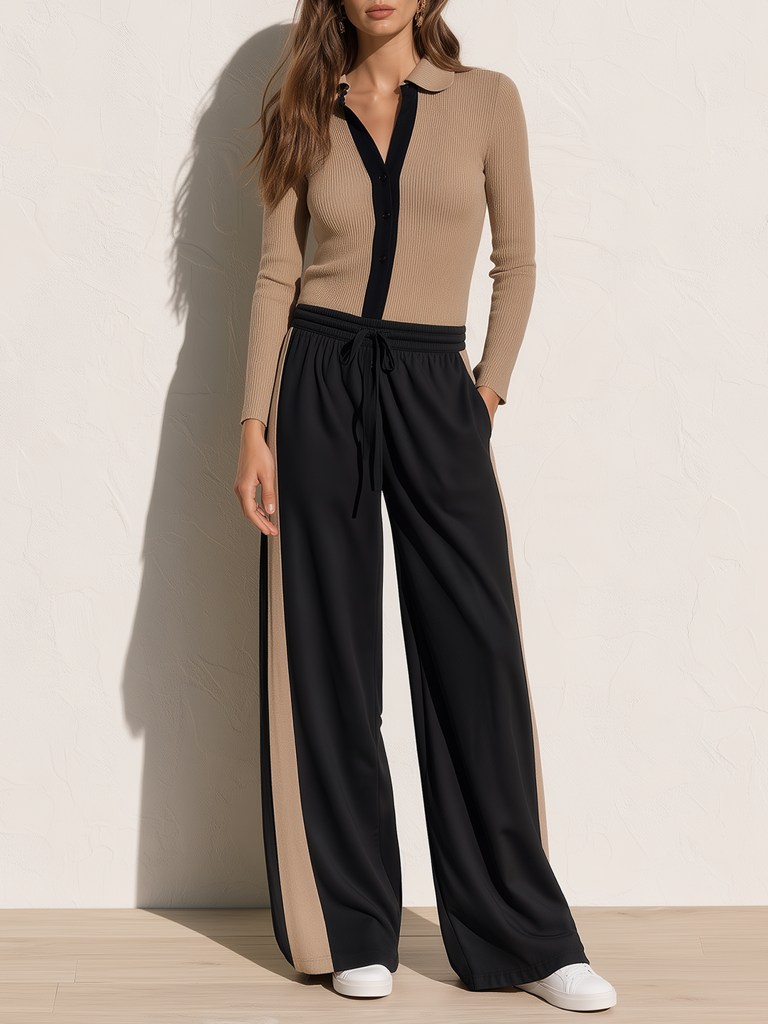 Khaki And Black Color-block Ribbed Knit Top And Wide-leg Trousers Set