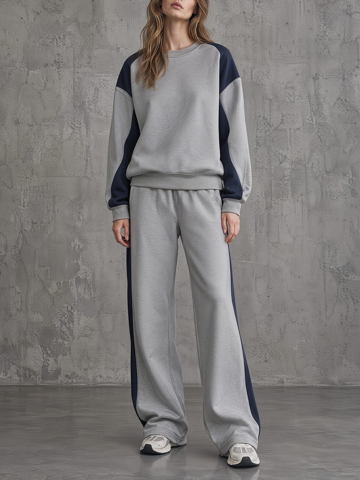 Grey Colorblock Crewneck Sweatshirt Wide-Leg Set