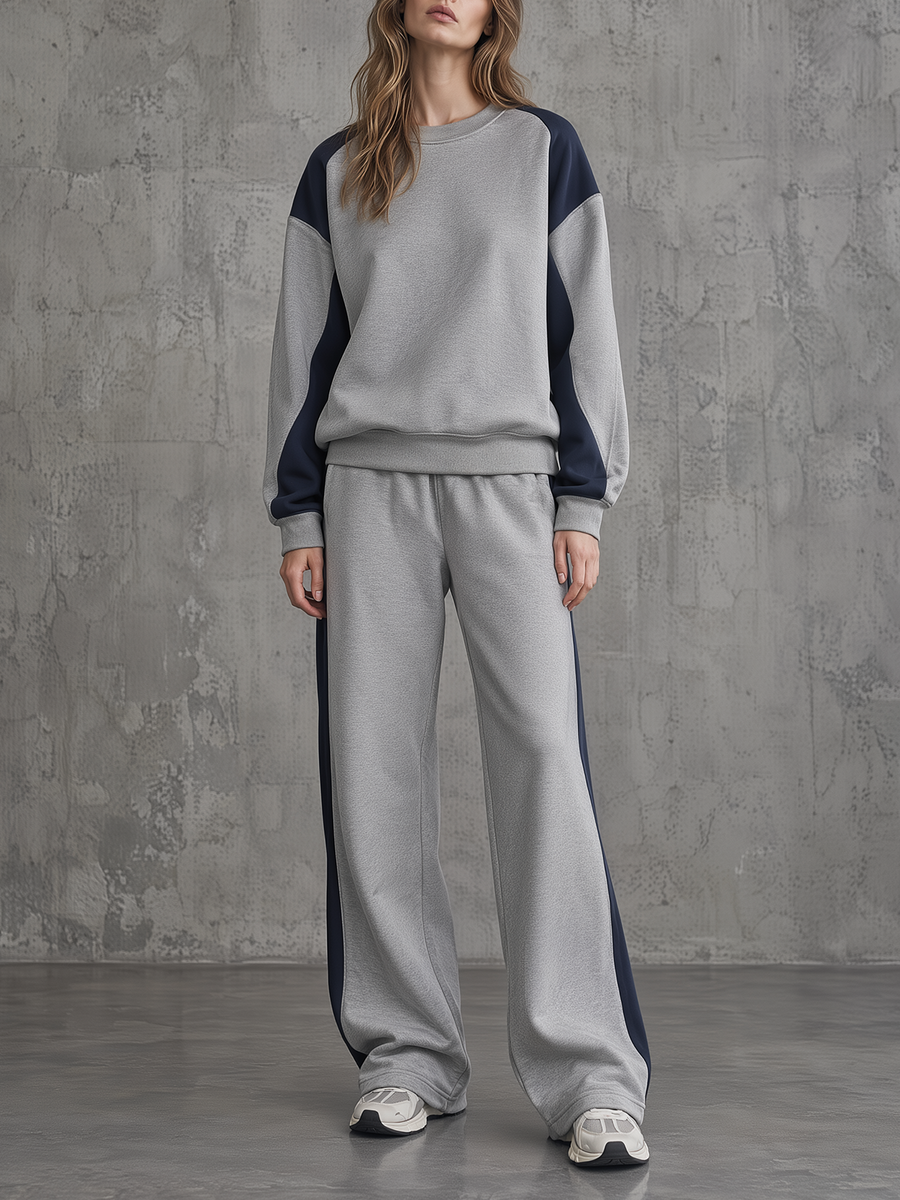 Grey Colorblock Crewneck Sweatshirt Wide-Leg Set