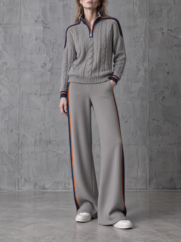 Grey Cable-Knit Half-Zip Sweater Wide-Leg Pants Set