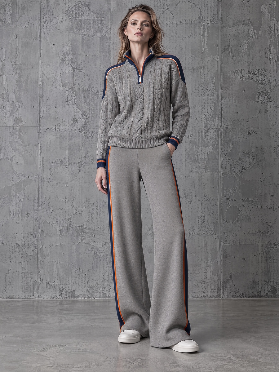 Grey Cable-Knit Half-Zip Sweater Wide-Leg Pants Set