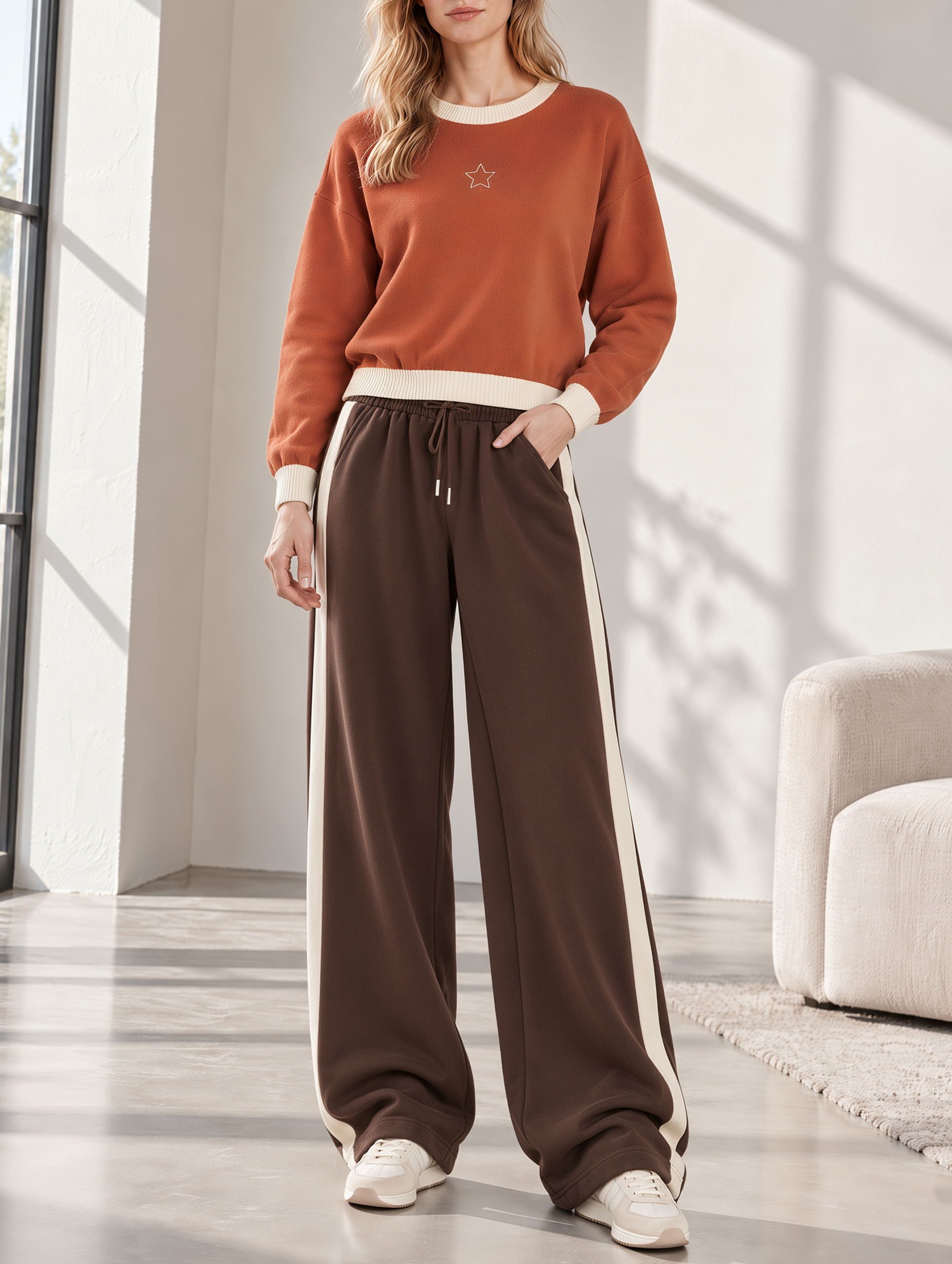 Pumpkin-orange Embroidered Sweatshirt And Wide-leg Pants Set