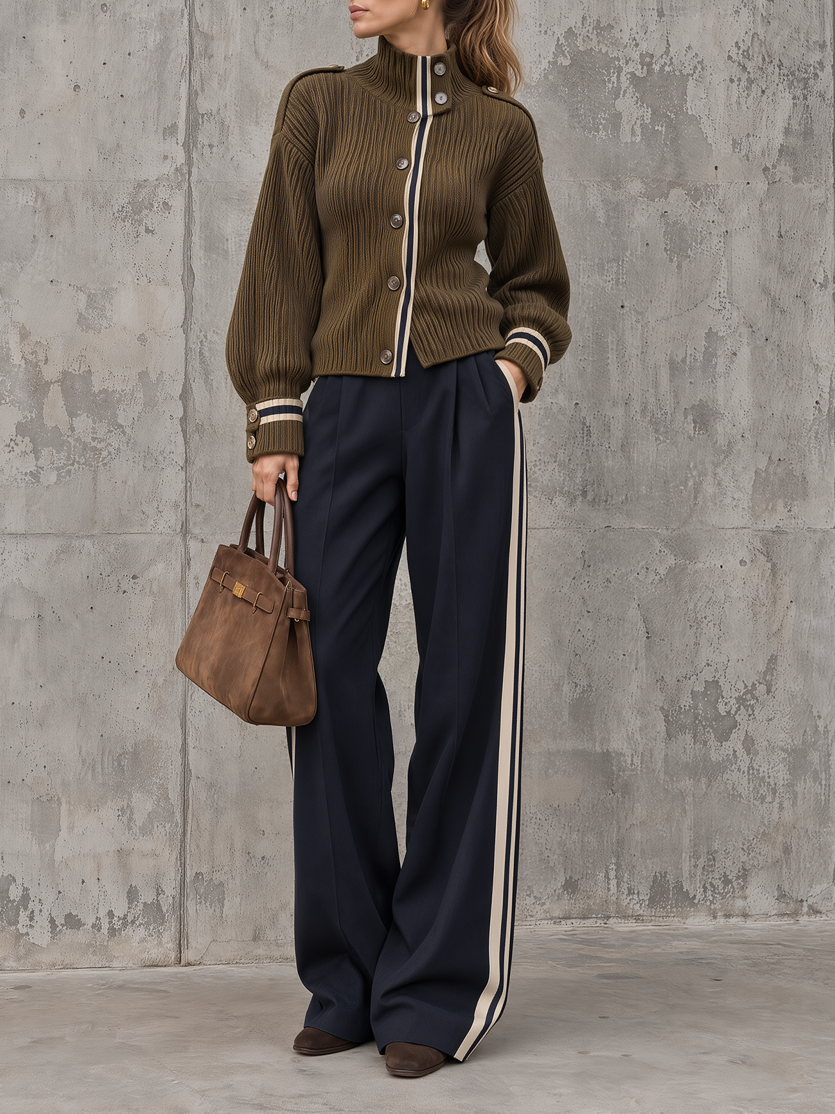 Olive Ribbed Knit Cardigan Navy Side-Stripe Pants Set