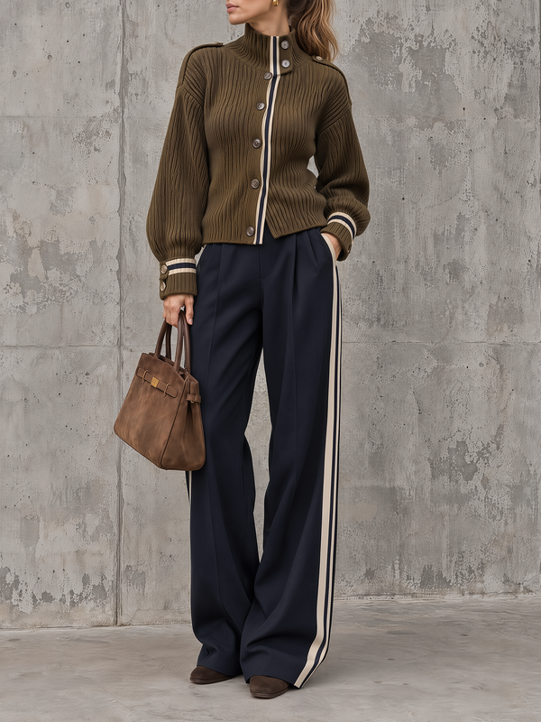 Olive Ribbed Knit Cardigan Navy Side-Stripe Pants Set