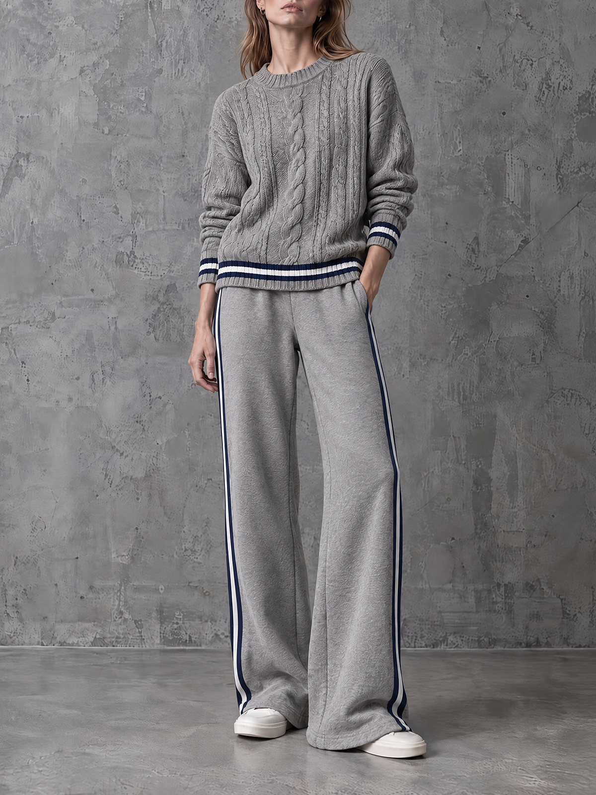 Grey Cable-Knit Crewneck Sweater Wide-Leg Pants Set