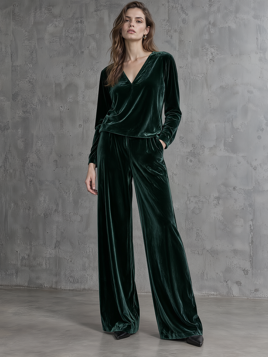 Emerald Green Velvet V-Neck Top And Wide-Leg Pants Set