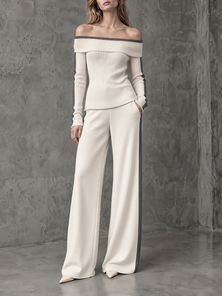 Ivory Off-Shoulder Ribbed Knit Top And Side-Stripe Wide-Leg Pants Set
