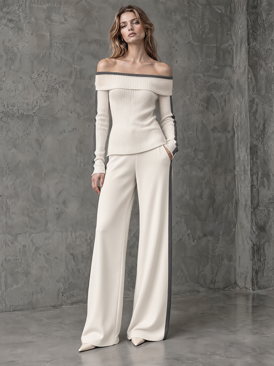 Ivory Off-Shoulder Ribbed Knit Top And Side-Stripe Wide-Leg Pants Set