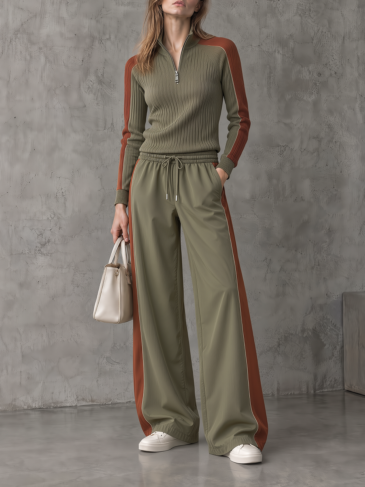 Sage Green Color-Block Half-Zip Knit Top And Wide-Leg Pants Set
