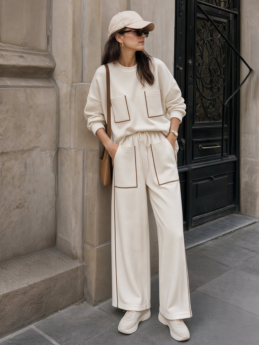Beige Drop-shoulder Top With Contrasting-trim Pockets And Drawstring Wide-leg Pants Set