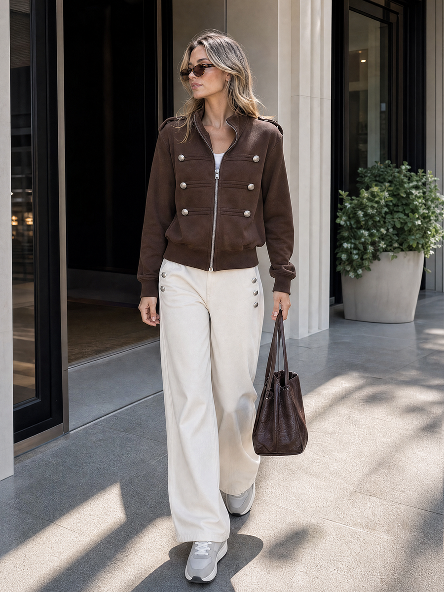 Brown Stand-collar Zip-up Jacket With Button Details And Off-white Casual Trousers Set