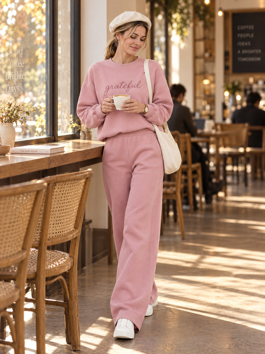 Pink Embroidered Sweatshirt And Wide-leg Trousers Set
