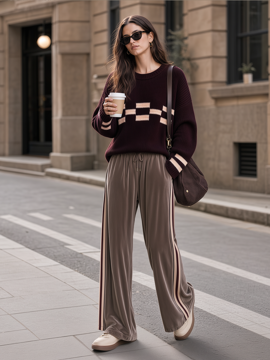 Burgundy Color-block Jacquard Crew-neck Sweater And Velvet Wide-leg Trousers Set