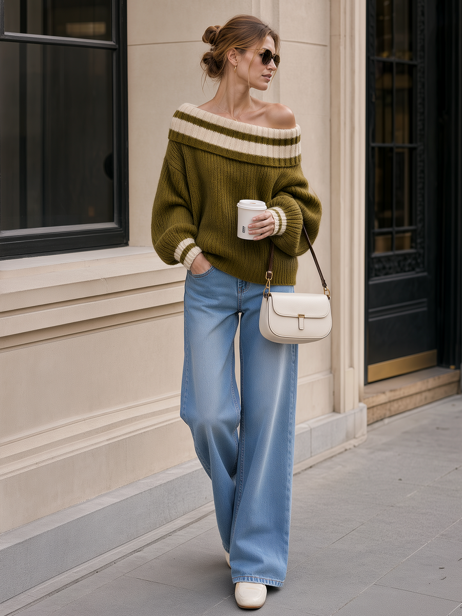 Olive Green Color-block Off-shoulder Sweater With Loose Lantern Sleeves