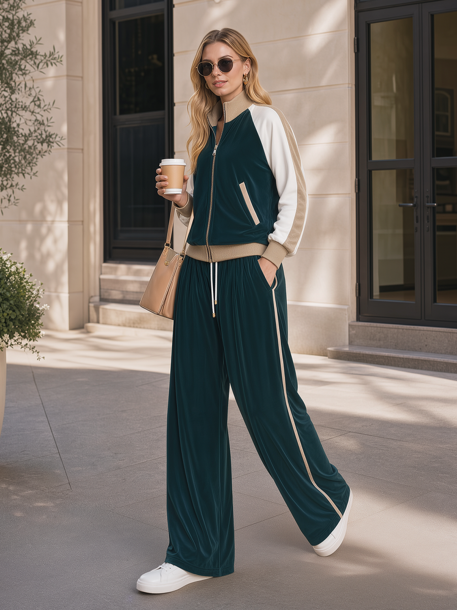 Dark Green Velvet Color-block Stand-collar Jacket And Wide-leg Trousers Set