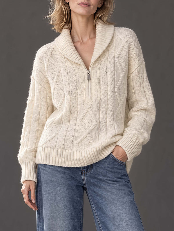 Stylish And Versatile Off-white Cable-knit Long-sleeve Sweater With A Half-zip Collar