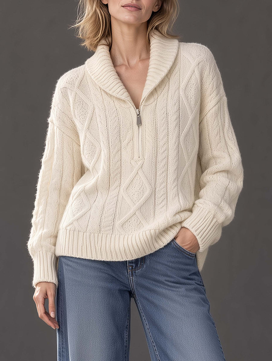 Stylish And Versatile Off-white Cable-knit Long-sleeve Sweater With A Half-zip Collar