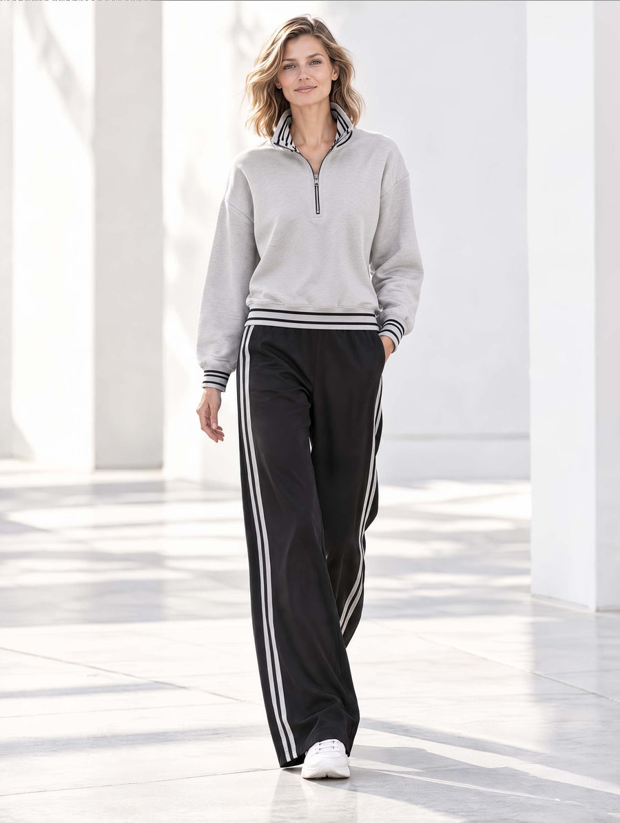 Stylish Casual Grey Half-zip Long-sleeve Top And Black Wide-leg Trousers Set