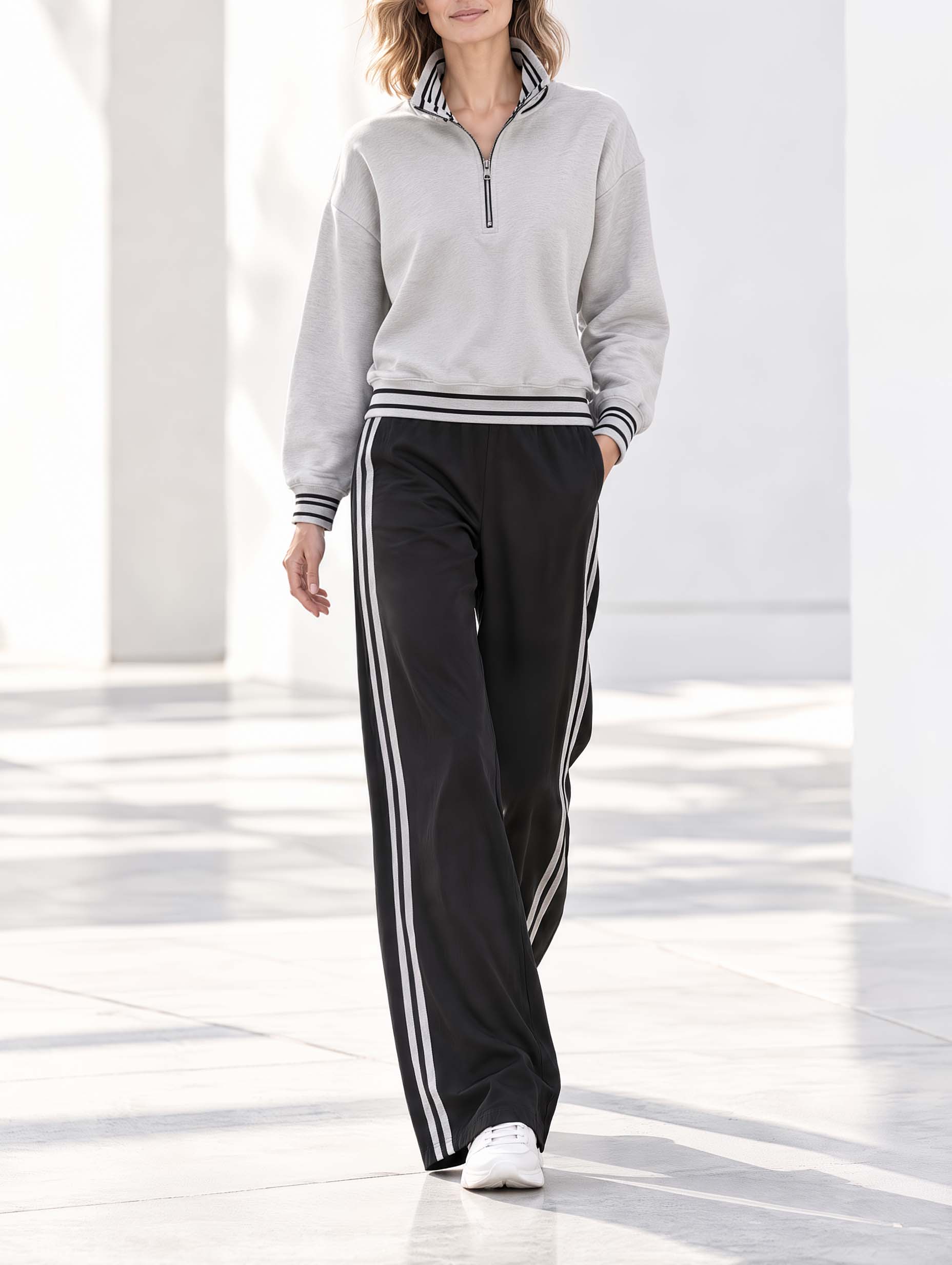 Stylish Casual Grey Half-zip Long-sleeve Top And Black Wide-leg Trousers Set