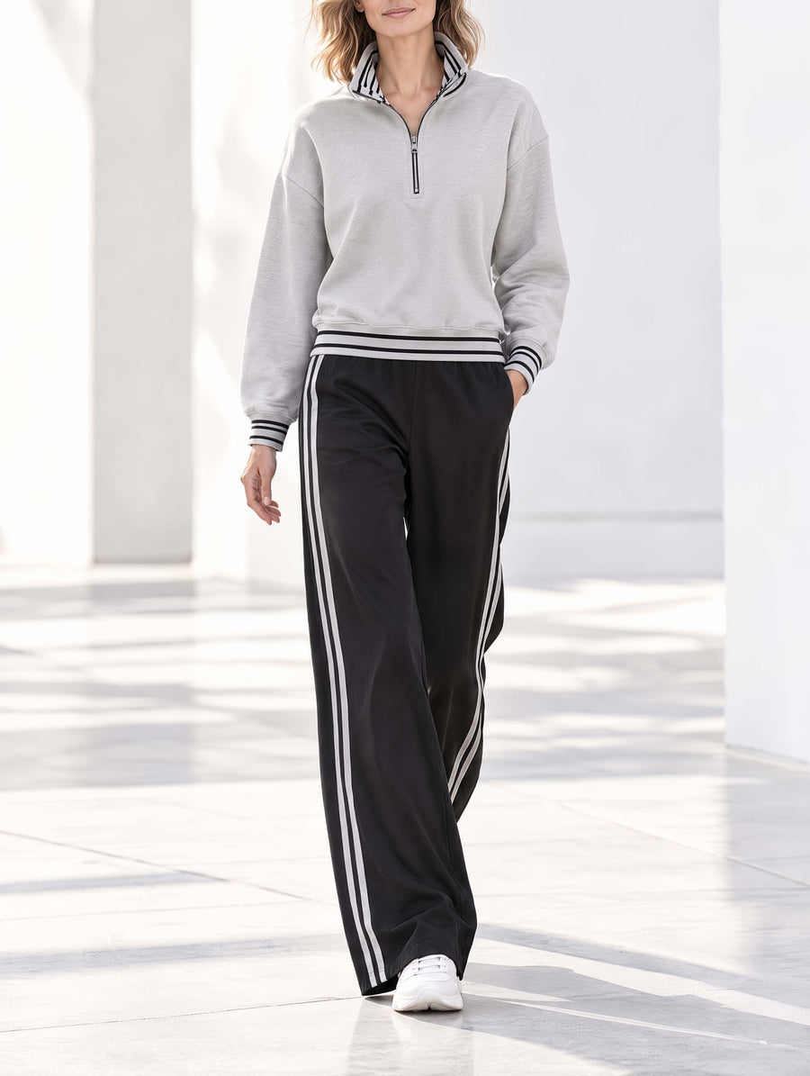 Stylish Casual Grey Half-zip Long-sleeve Top And Black Wide-leg Trousers Set