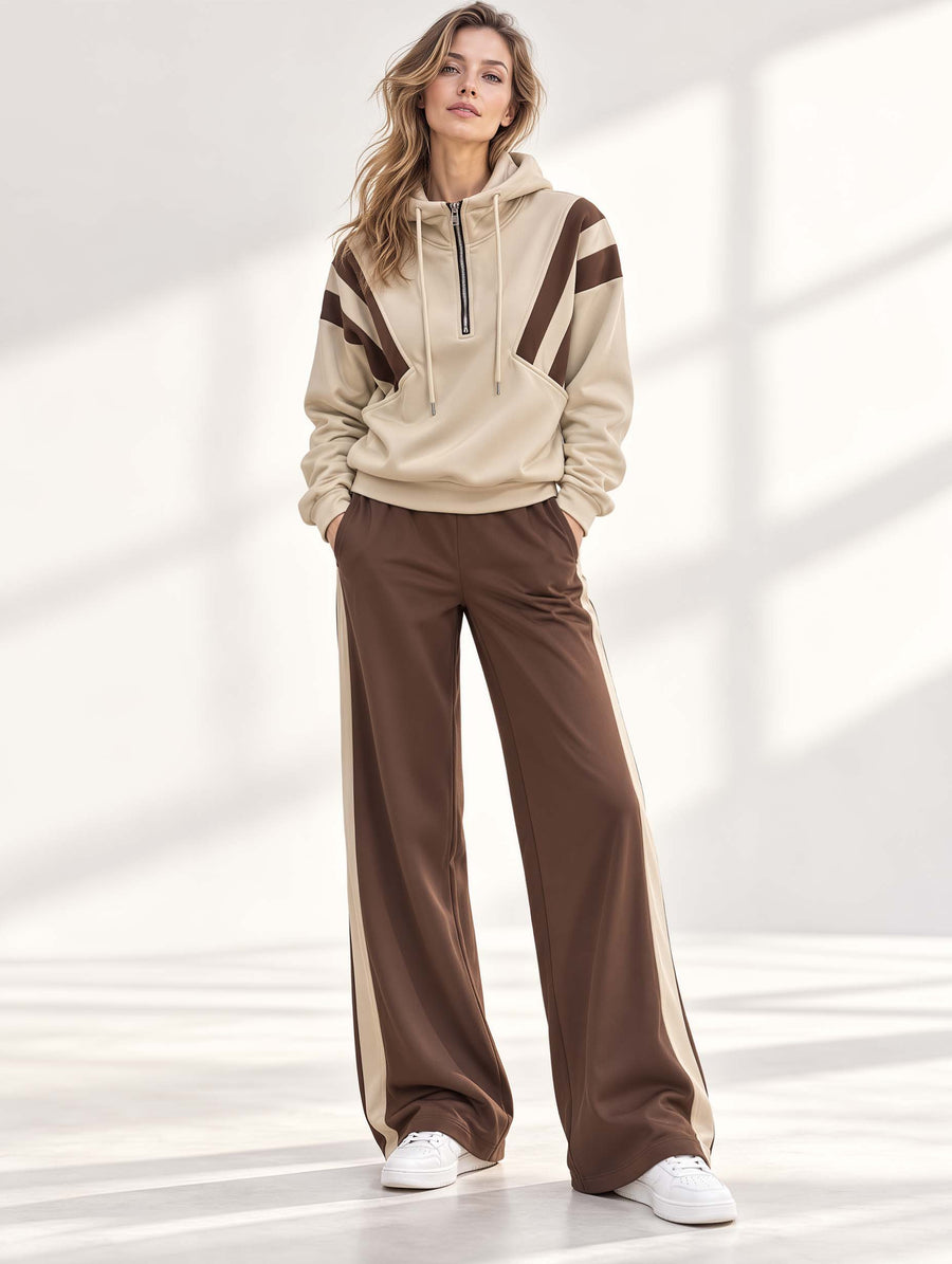 Khaki And Brown Color-block Long-sleeve Top And Pants Set With A Half-zip Hooded Collar.