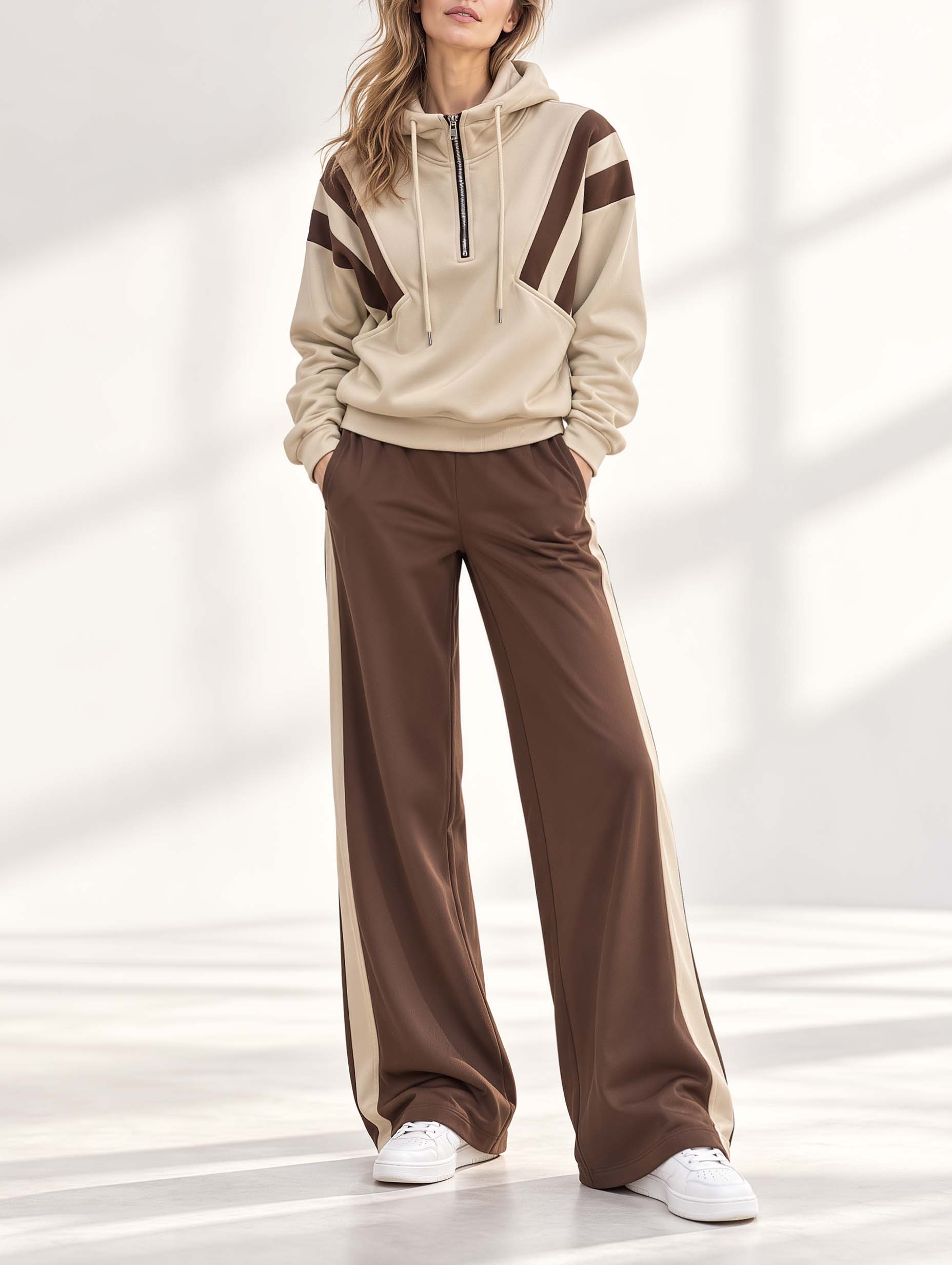 Khaki And Brown Color-block Long-sleeve Top And Pants Set With A Half-zip Hooded Collar.