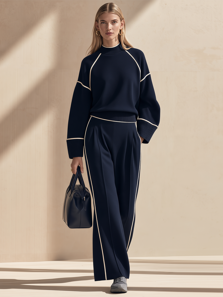Navy Blue Color-block Mock-neck Knit Top And Pocketed Wide-leg Trousers Set