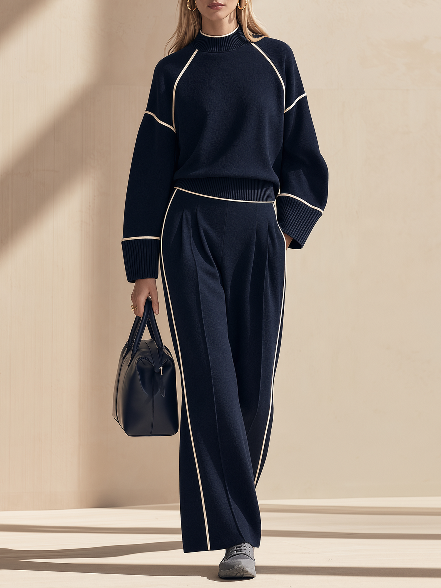 Navy Blue Color-block Mock-neck Knit Top And Pocketed Wide-leg Trousers Set