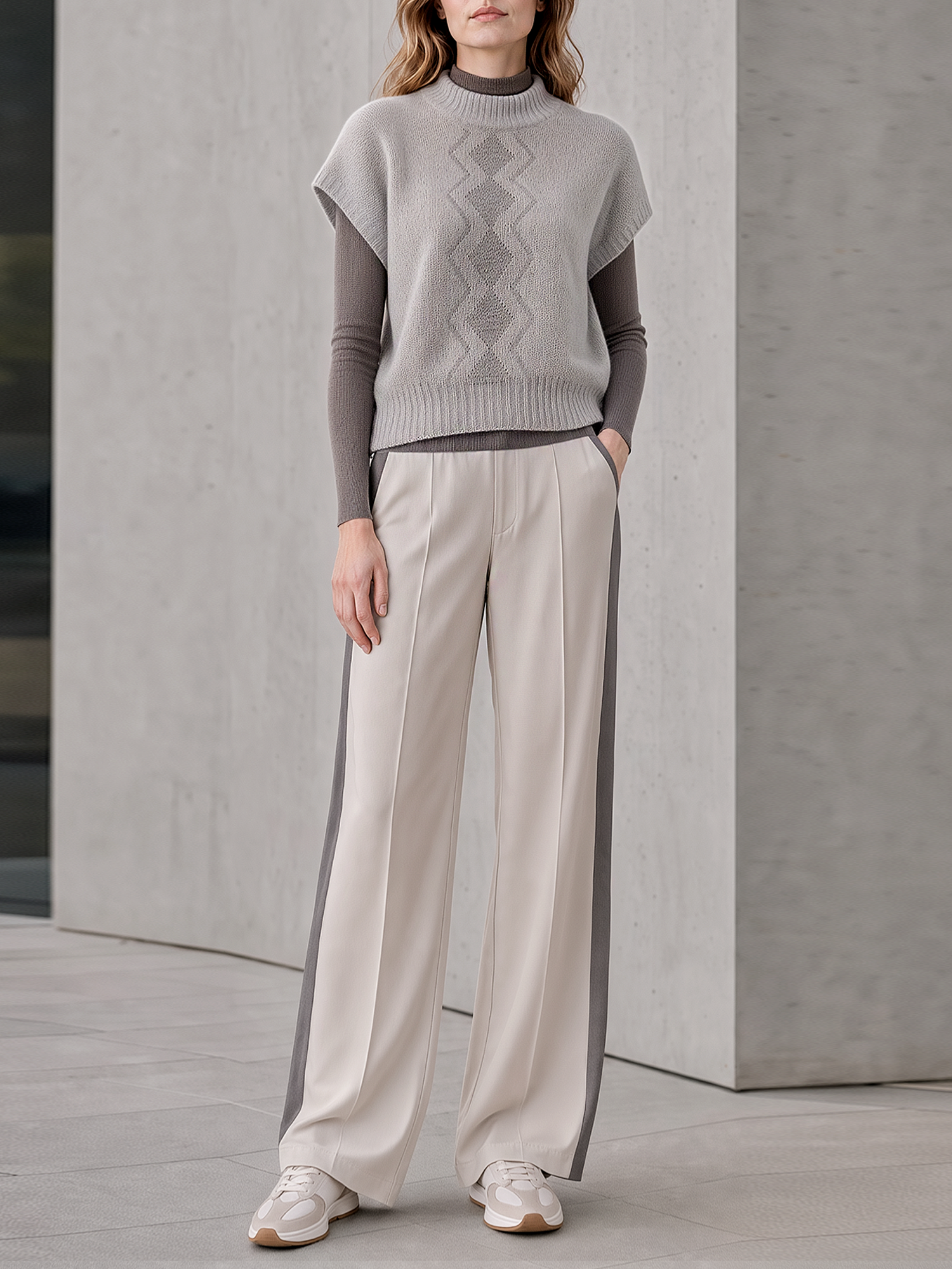Two-piece Set Featuring A Grey Short-sleeved Jacquard Sweater And Oatmeal-colored Wide-leg Trousers