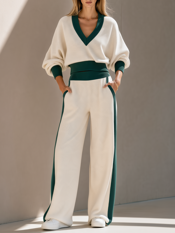 Off-white And Green V-neck Top And Wide-leg Trousers Set