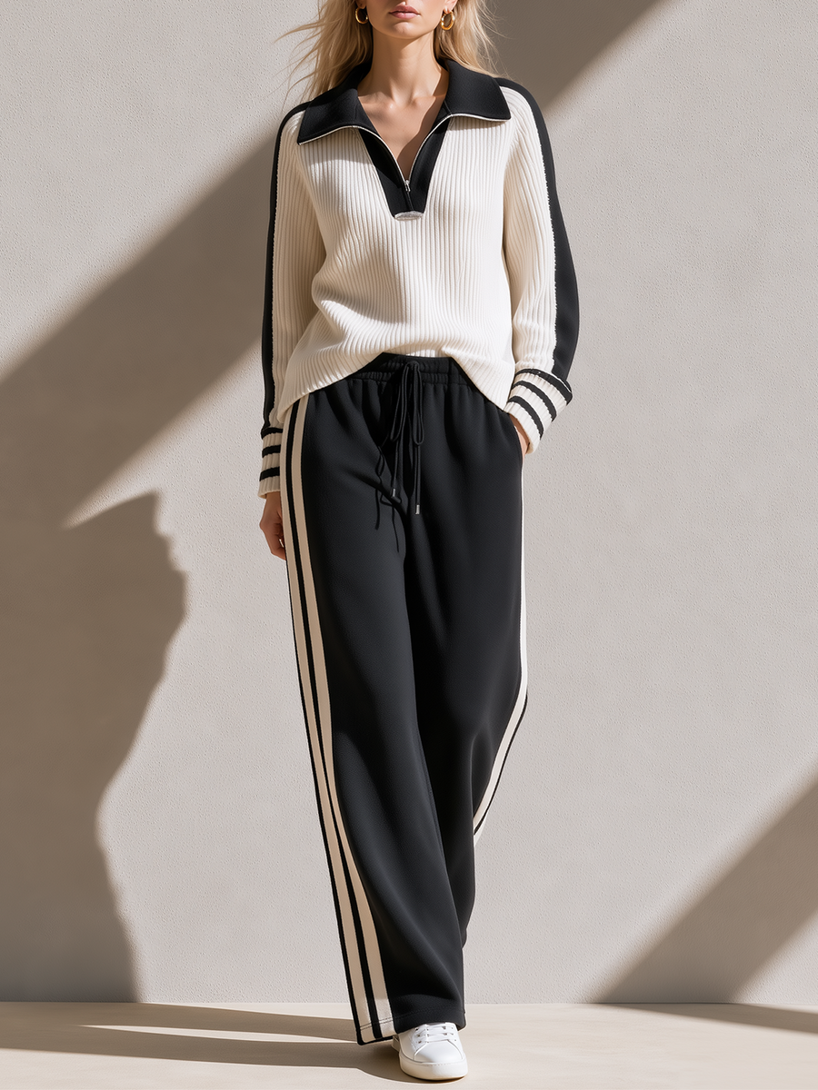 Black And White Color-block Half-zip Knit Top And Pocketed Wide-leg Set