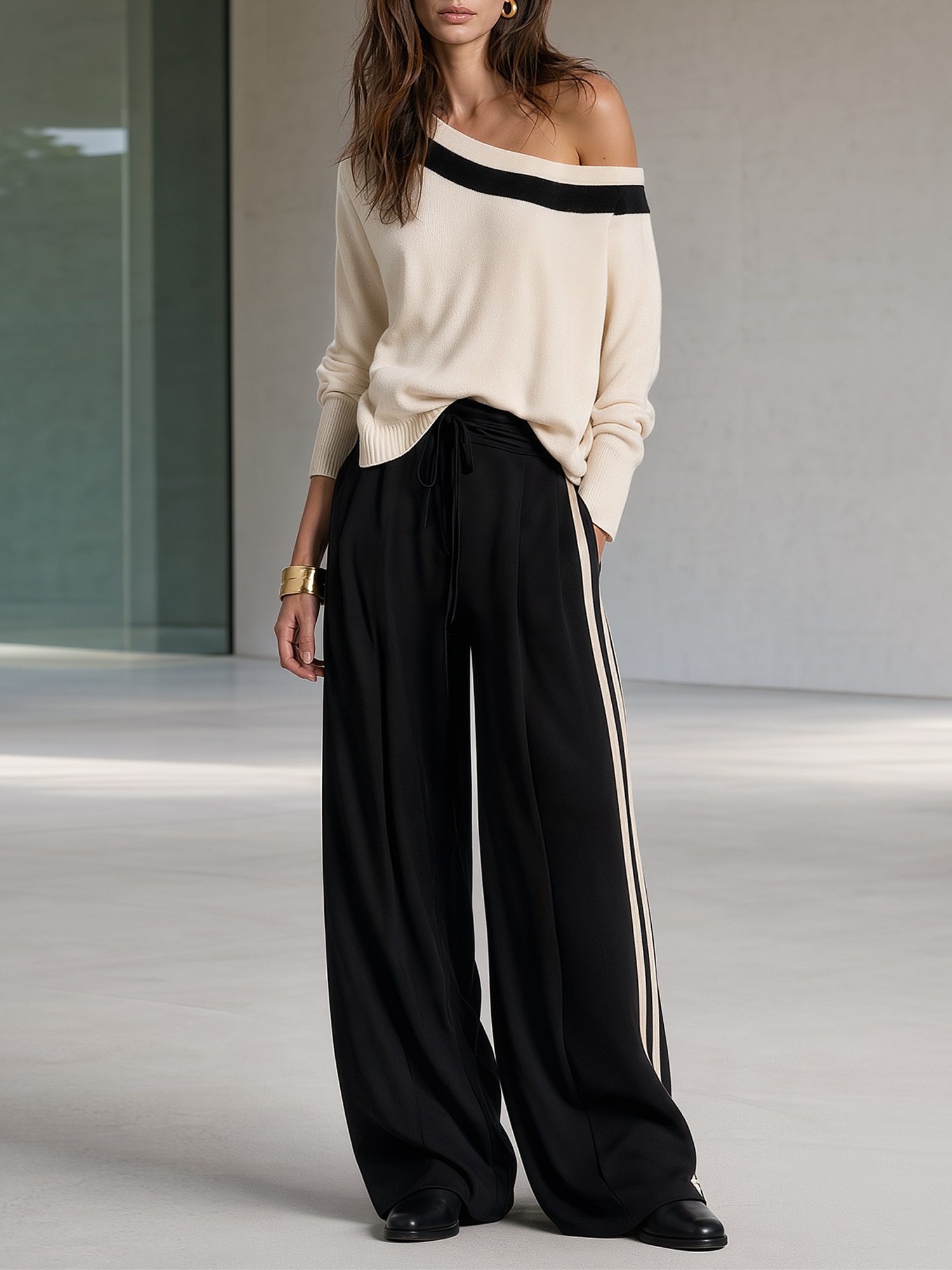Black And White Color-block Off-shoulder Knit Top And Side-stripe Wide-leg Pants Set