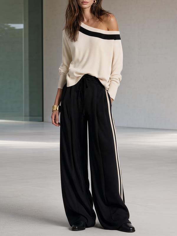 Black And White Color-block Off-shoulder Knit Top And Side-stripe Wide-leg Pants Set
