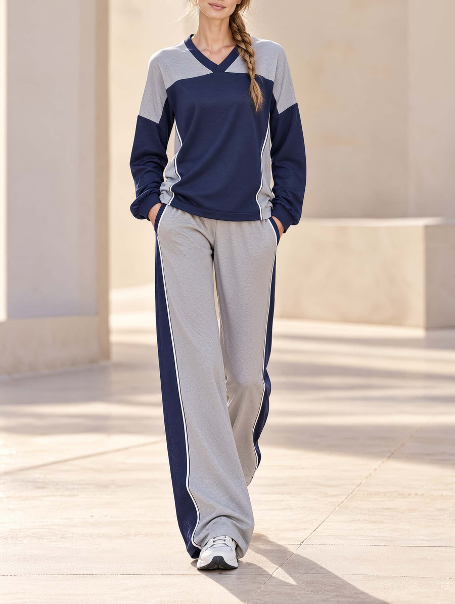 Athleisure-style Navy And Grey Color-block V-neck Long-sleeve Top And Trousers Set