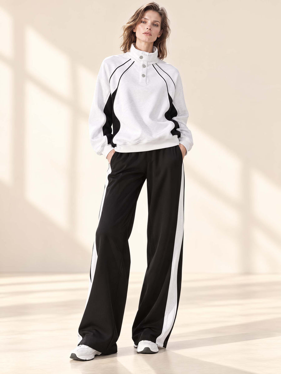 Sporty-chic Black And White Color-block Long-sleeve Top And Wide-leg Pants Set