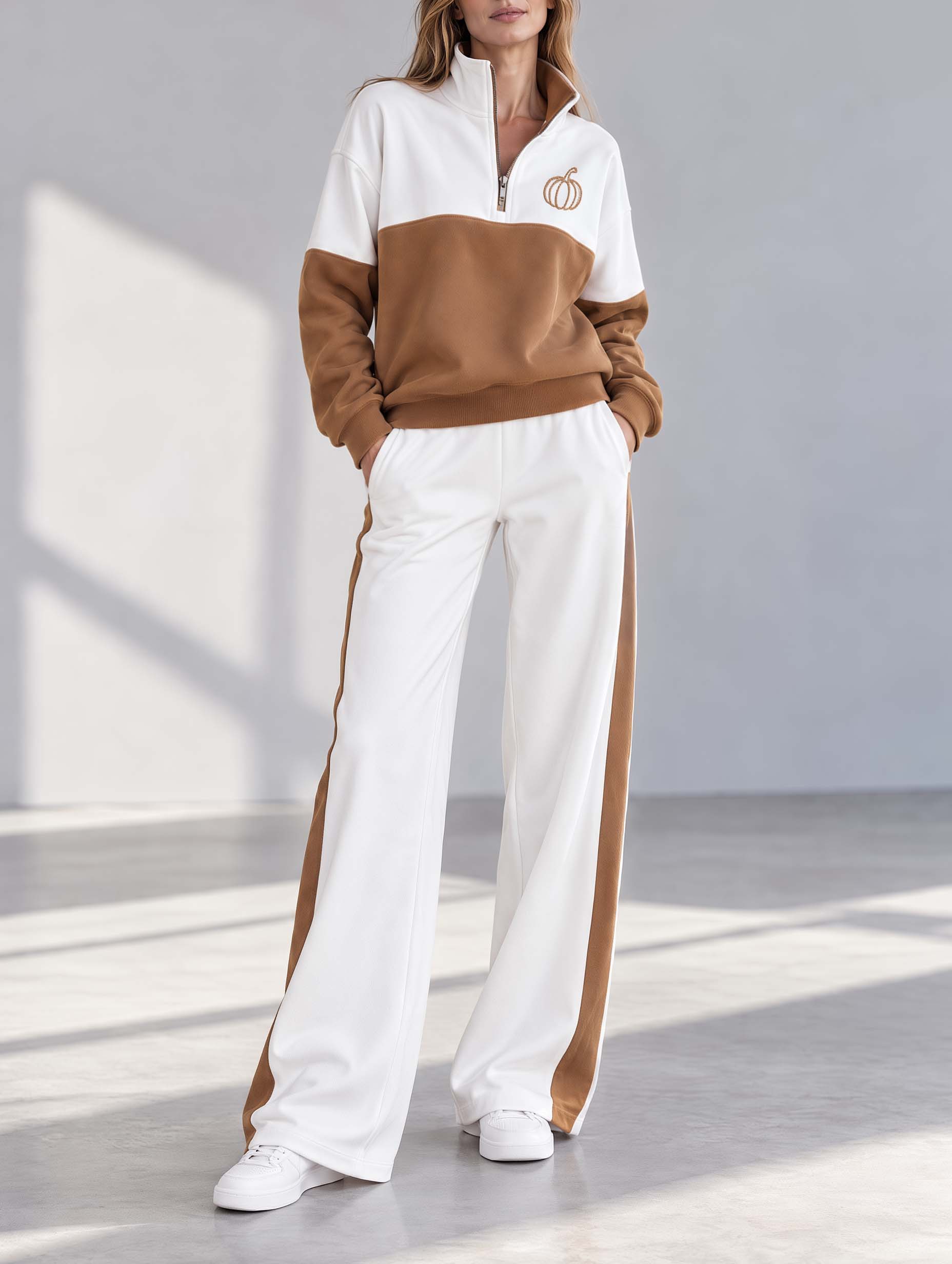 Brown And White Color-block Long-sleeve Half-zip Top And Pants Set With Pumpkin Embroidery