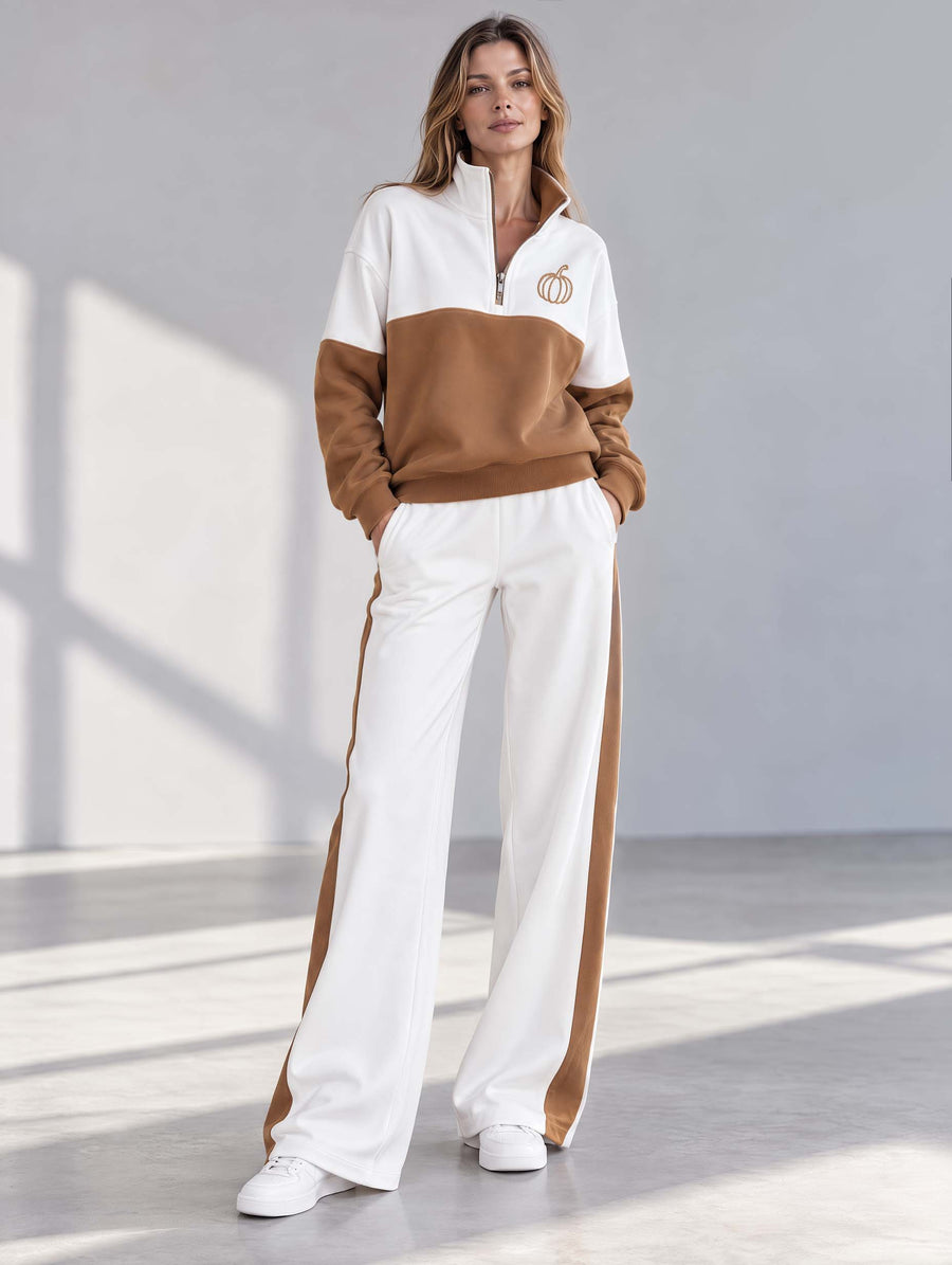 Brown And White Color-block Long-sleeve Half-zip Top And Pants Set With Pumpkin Embroidery