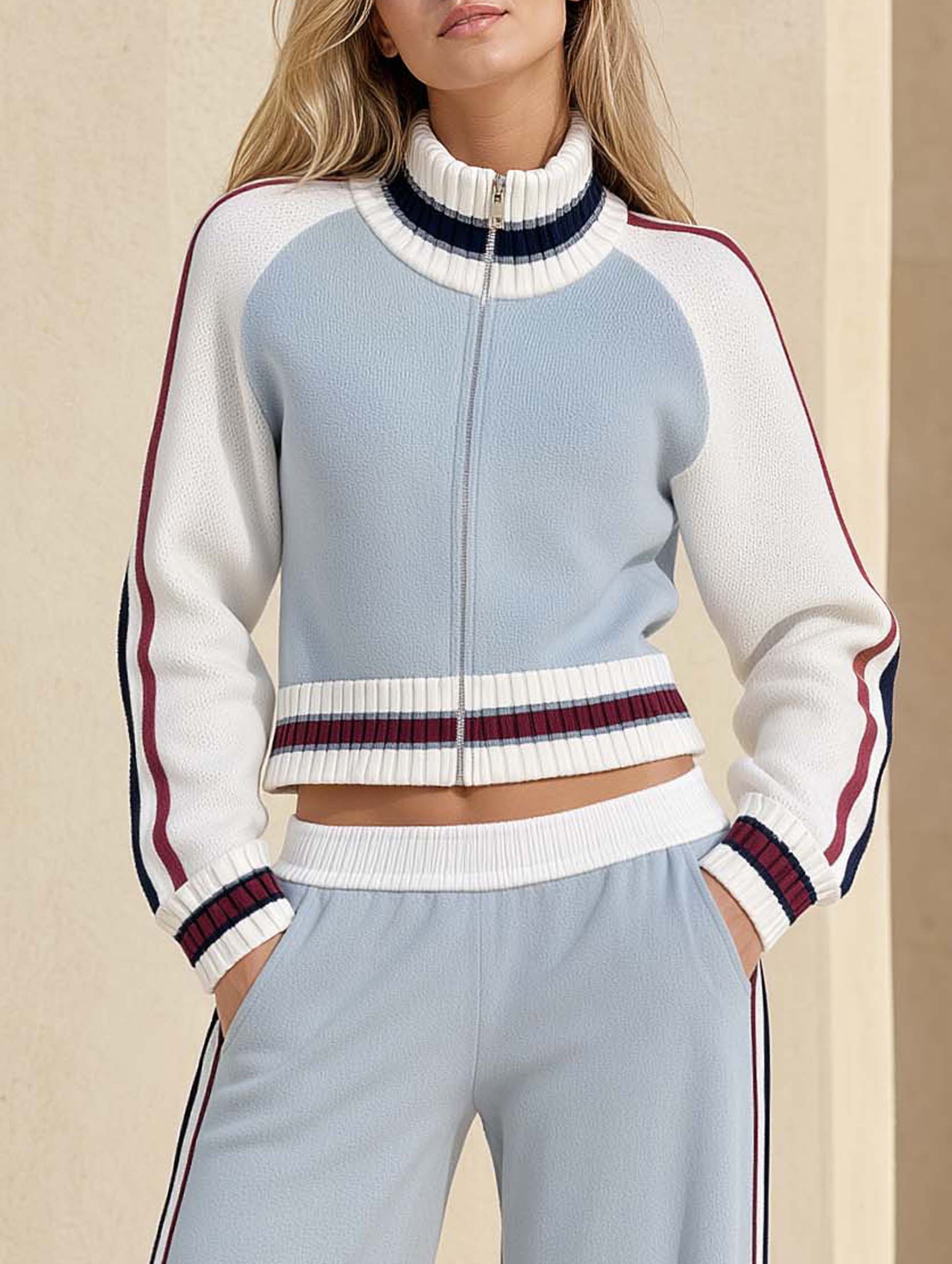 Light Blue Color-block Long-sleeve Sweater In A Stylish Commuter Style