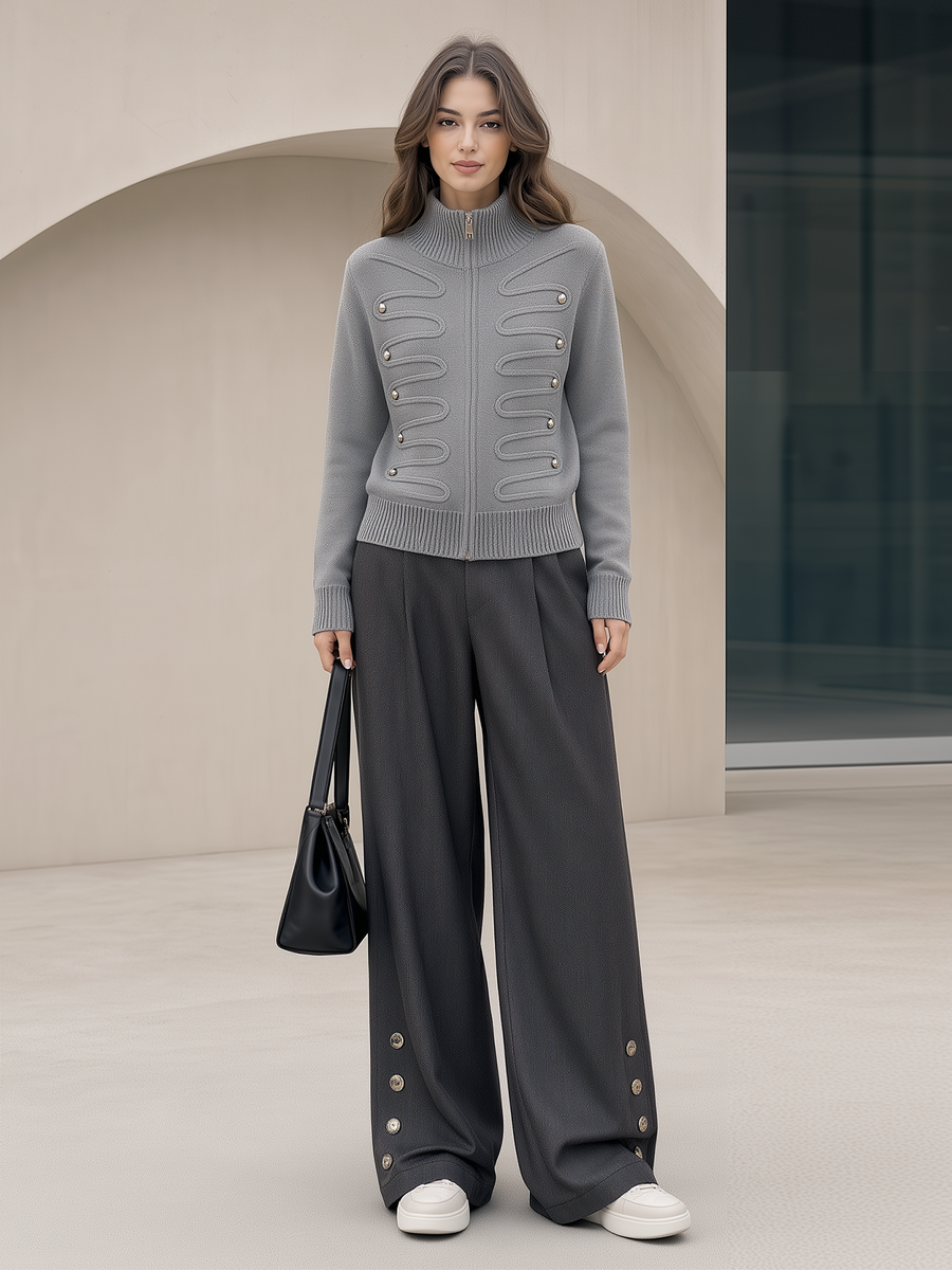 Grey Stand-collar Zip-up Knit Cardigan And Dark Grey Wide-leg Trousers Set