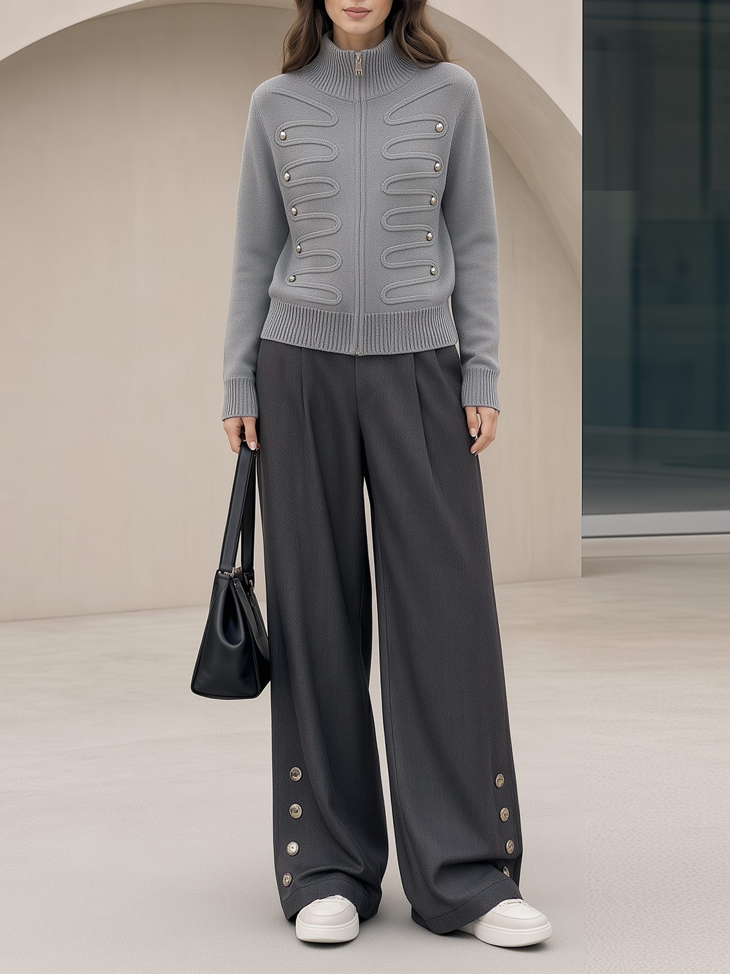 Grey Stand-collar Zip-up Knit Cardigan And Dark Grey Wide-leg Trousers Set
