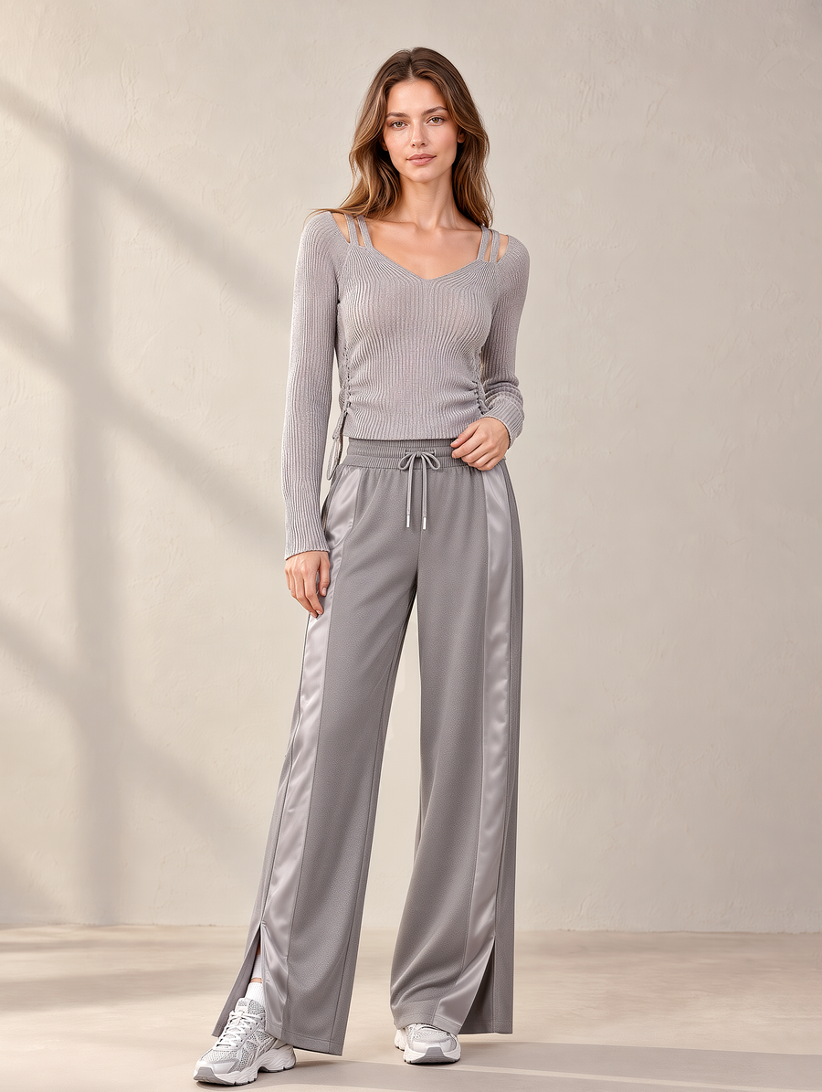 Light Gray V-Neck Sweater And Satin-Paneled Wide-Leg Pants Set