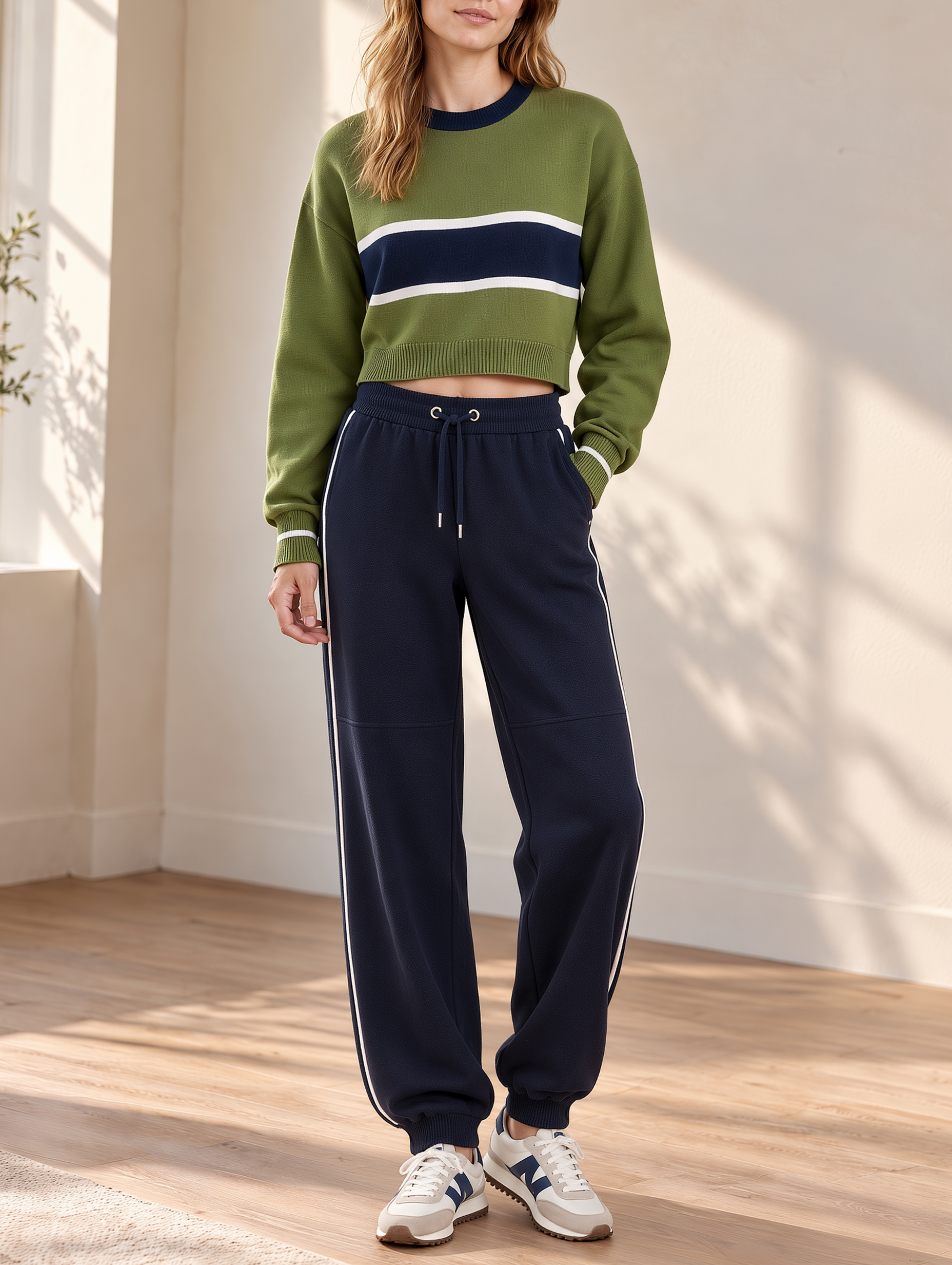 Green Color-block Sweatshirt And Cuffed Joggers Set