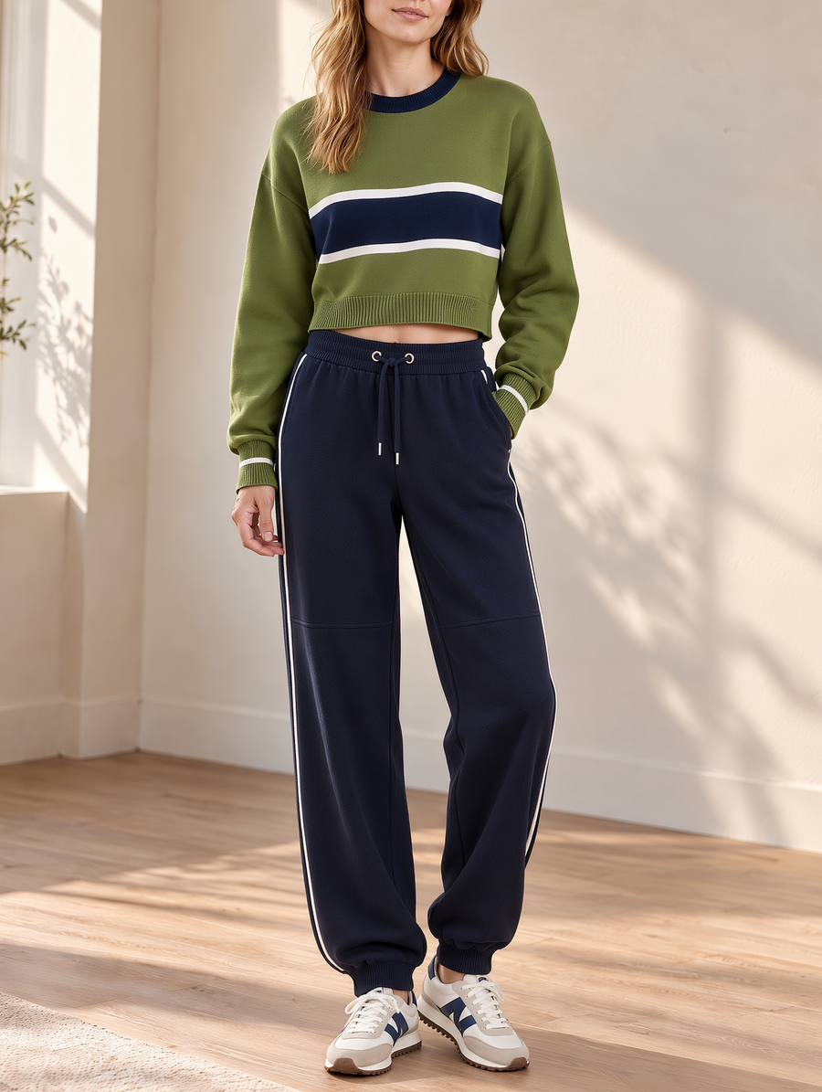 Green Color-block Sweatshirt And Cuffed Joggers Set
